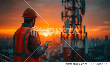 Engineer Inspecting Communication Tower at Sunset Engineer Inspecting Communication Tower at Sunset 132885454
