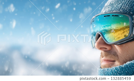Skier Wearing Reflective Goggles in Snowy Mountains Skier Wearing Reflective Goggles in Snowy Mountains 132885459