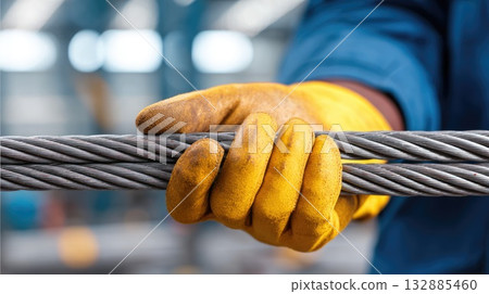 Worker Holding Steel Wire Rope in Factory Worker Holding Steel Wire Rope in Factory 132885460