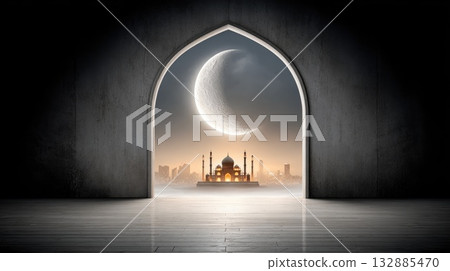 Majestic crescent moon above mosque with glowing sunset and city skyline Majestic crescent moon above mosque with glowing sunset and city skyline 132885470