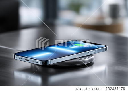 Modern smartphone charging wirelessly on metallic table 132885478