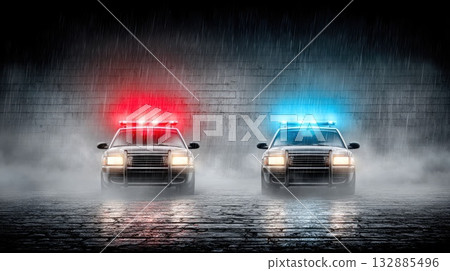 Two Police Cars with Flashing Lights in Rain Two Police Cars with Flashing Lights in Rain 132885496