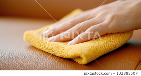 Hand cleaning leather surface with yellow cloth Hand cleaning leather surface with yellow cloth 132885507