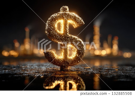 Golden dollar sign glowing in front of oil refinery at night 132885508