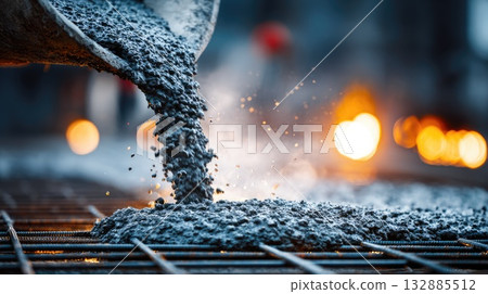 Fresh concrete being poured at construction site with steel reinforcement and warm bokeh lights 132885512
