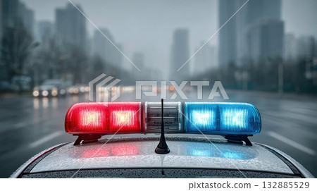 Police Car Lights in Rainy City Street Police Car Lights in Rainy City Street 132885529
