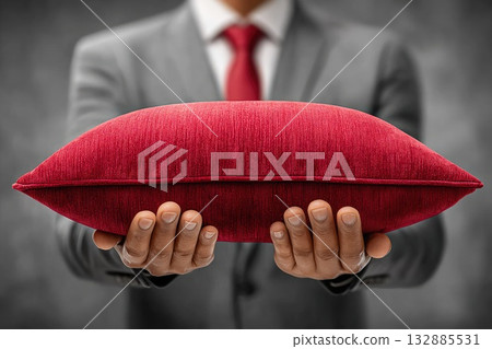 Man holding red velvet cushion in hands 132885531