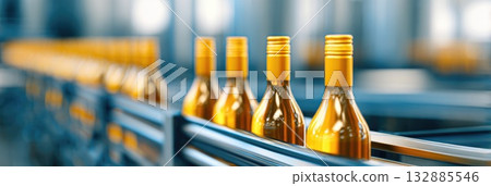 Golden wine bottles in bright modern bottling plant Golden wine bottles in bright modern bottling plant 132885546
