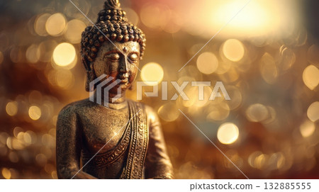 Bronze Buddha statue glows softly among golden lights in serene setting Bronze Buddha statue glows softly among golden lights in serene setting 132885555