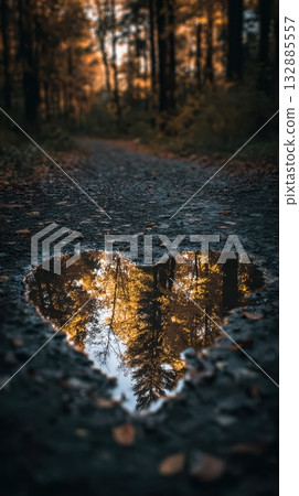 Heart-shaped reflection in a serene forest path during autumn twilight 132885557