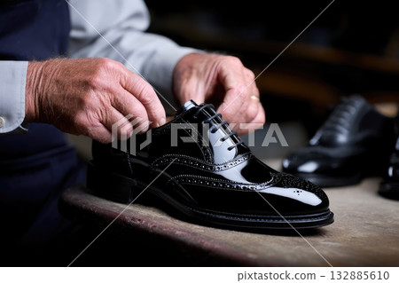 Shoemaker polishing elegant brogue shoe Shoemaker polishing elegant brogue shoe 132885610