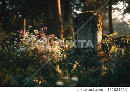Old Weathered Tombstone with Wildflowers in Cemetery Old Weathered Tombstone with Wildflowers in Cemetery 132885624