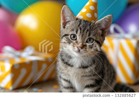 Cute Kitten with Party Hat and Colorful Balloons Cute Kitten with Party Hat and Colorful Balloons 132885627