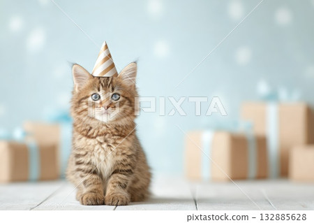 Cute kitten with party hat sitting among gift boxes on light background Cute kitten with party hat sitting among gift boxes on light background 132885628