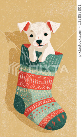 A cute puppy peeks out from a red Christmas stocking nestled in a warm corner of a retro home, surrounded by festive decor and a cheerful atmosphere 132885801