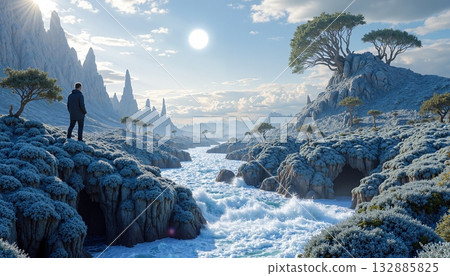 The image shows a man standing on a snowy slope looking at a river flowing through the mountainous area 132885825