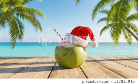 Coconut drink wearing Santa hat on wooden table by the beach, surrounded by palm trees, evoking a festive tropical holiday atmosphere 132885916