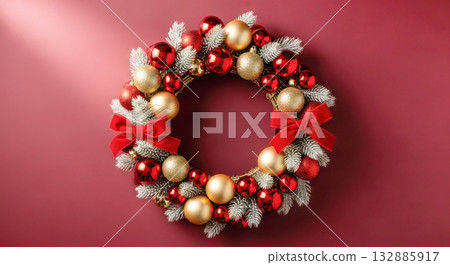 Festive Christmas wreath adorned with red and gold ornaments, pine branches, and bows, creating a warm holiday atmosphere for seasonal decor Festive Christmas wreath adorned with red and gold ornaments, pine branches, and bows, creating a warm holiday atmosphere for seasonal decor 132885917
