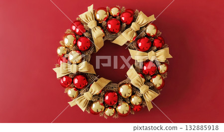 Festive Christmas wreath adorned with red and gold ornaments and bows, creating a vibrant holiday decoration for seasonal celebrations 132885918