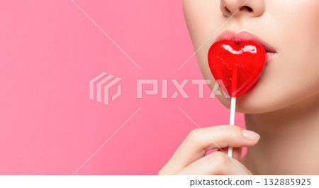 Young woman holding heart-shaped lollipop near her lips, with a soft pink background, conveying a playful and romantic atmosphere 132885925