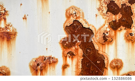 Grunge white painted metal texture with heavy vertical rust stains. Abstract industrial background. 132886086