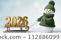 Snowman pulling a sled with golden 2026 numbers. Arrival of the New Year and winter holidays.  132886099