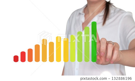 Woman pointing at colorful ascending chart representing growth and success. Concept of progress, data analysis, business development, and financial improvement in modern corporate strategy Woman pointing at colorful ascending chart representing growth and success. Concept of progress, data analysis, business development, and financial improvement in modern corporate strategy 132886196