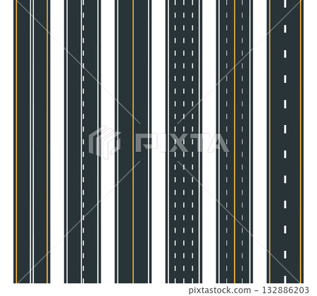 Asphalt city roads. Street highway road, markings roads, horizontal street roadway flat vector illustration set. Highways street roads on white background Asphalt city roads. Street highway road, markings roads, horizontal street roadway flat vector illustration set. Highways street roads on white background 132886203