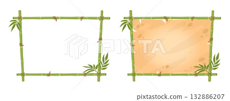 Cartoon wooden exotic frames. Bamboo signs, jungle borders with bamboo leaves and parchment paper flat vector illustration set. Bamboo frames on white Cartoon wooden exotic frames. Bamboo signs, jungle borders with bamboo leaves and parchment paper flat vector illustration set. Bamboo frames on white 132886207