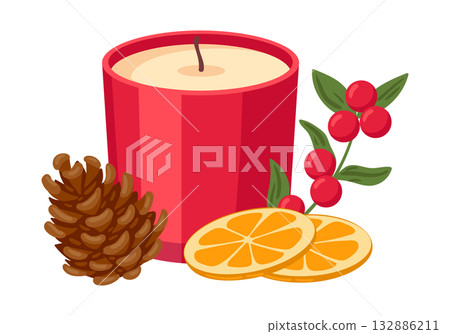 Christmas scented candle. Decorated wax xmas aromatic candle, winter holidays cozy aroma candle flat vector illustration. Cartoon Xmas candle Christmas scented candle. Decorated wax xmas aromatic candle, winter holidays cozy aroma candle flat vector illustration. Cartoon Xmas candle 132886211