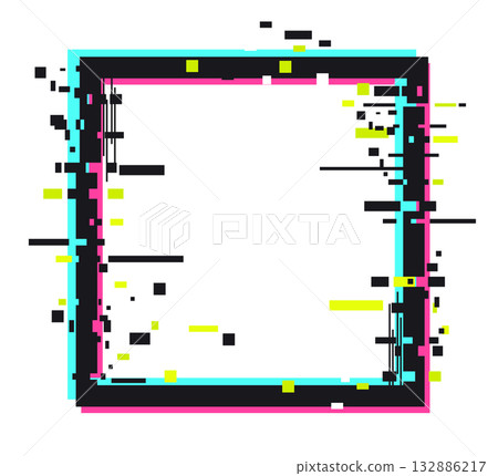 Glitch frame. Abstract noise glitch border frame, digital distortion square border flat vector illustration. Pixelated bad tv signal glitch effect Glitch frame. Abstract noise glitch border frame, digital distortion square border flat vector illustration. Pixelated bad tv signal glitch effect 132886217