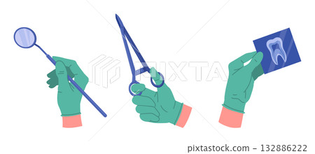 Stomatologist holding tools. Dentist hands in rubber gloves holding dental equipment flat vector illustration set. Cartoon dentist tools in doctors hands Stomatologist holding tools. Dentist hands in rubber gloves holding dental equipment flat vector illustration set. Cartoon dentist tools in doctors hands 132886222