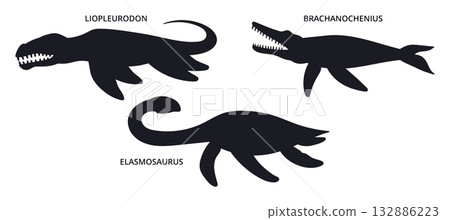 Water dinosaur silhouettes. Jurassic plesiosaur and mosasaurus animals flat vector illustration set. Ancient dinos silhouettes on white 132886223