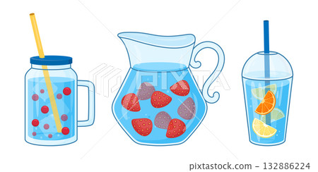 Water jugs. Refreshing iced drinks with fruits in glass jugs flat vector illustration set. Cartoon water pitchers on white Water jugs. Refreshing iced drinks with fruits in glass jugs flat vector illustration set. Cartoon water pitchers on white 132886224