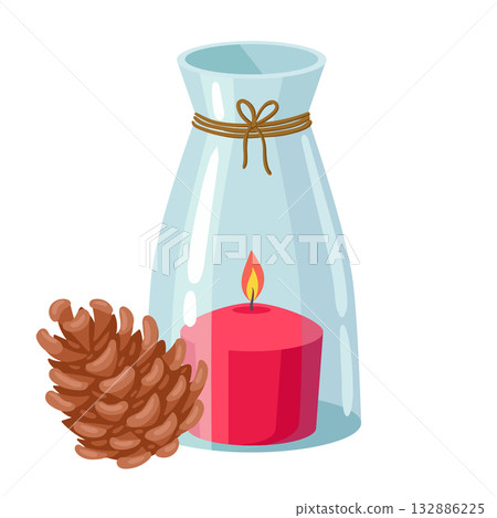 Wax candle in glass jar. Cartoon christmas scented aromatic candle, winter holidays cozy aroma decorated candle flat vector illustration. Xmas candle on white background Wax candle in glass jar. Cartoon christmas scented aromatic candle, winter holidays cozy aroma decorated candle flat vector illustration. Xmas candle on white background 132886225