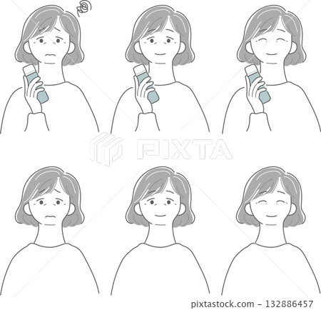 一組插圖素材，描繪了表情各異的老年女性手持化妝品瓶 132886457