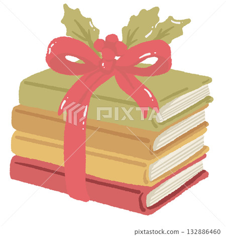 Cozy Christmas stack of books tied with red ribbon and holly hand drawn festive clipart for book lovers winter reading and holiday decoration designs 132886460