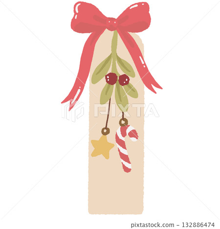 Hand drawn festive bookmark illustration with red bow candy cane star and mistletoe cozy Christmas clipart for holiday cards planners and book lovers Hand drawn festive bookmark illustration with red bow candy cane star and mistletoe cozy Christmas clipart for holiday cards planners and book lovers 132886474