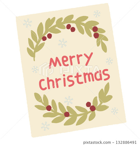 Hand drawn cozy Christmas greeting card illustration with green leaves red berries and snowflakes minimalist festive holiday art for cards stickers and invitations 132886491