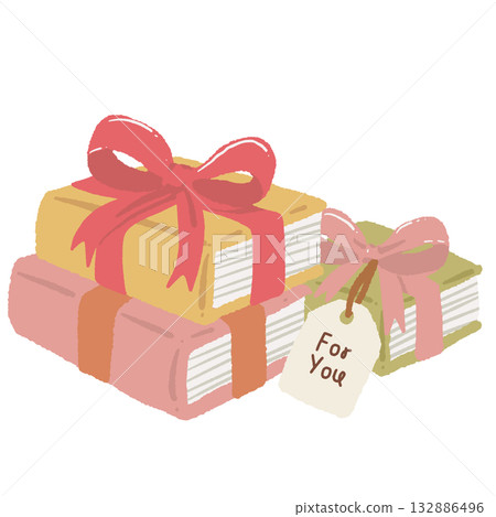 Cozy Christmas book gift stack clipart with bows and tag hand drawn pastel book lover illustration for cards stickers wrapping paper and craft projects 132886496