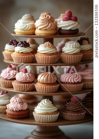 Various cakes in neutral tones on dessert stand with soft lighting. 132886506