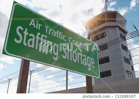 Air Traffic Control Staffing Shortage Green Road Sign In Front of Air Traffic Control Tower. Air Traffic Control Staffing Shortage Green Road Sign In Front of Air Traffic Control Tower. 132886507