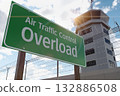 Air Traffic Control Overload Green Road Sign In Front of Air Traffic Control Tower. 132886508