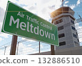 Air Traffic Control Meltdown Green Road Sign In Front of Air Traffic Control Tower. 132886510