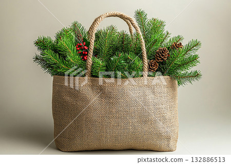 Reusable shopping bag made of fabric with Christmas tree branches on a white background. Reusable shopping bag made of fabric with Christmas tree branches on a white background. 132886513
