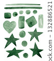 Green brushstrokes, lines, and shapes. Heart and stars. Individual watercolor elements for your design 132886521