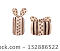 Watercolor illustrations in beige and brown tones. Striped gift boxes of various sizes with polka-dot ribbons. Perfect for your Christmas and Easter decor 132886522