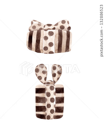 Watercolor illustrations in beige and brown tones. Striped gift boxes of various sizes with polka-dot ribbons. Perfect for your Christmas and Easter decor Watercolor illustrations in beige and brown tones. Striped gift boxes of various sizes with polka-dot ribbons. Perfect for your Christmas and Easter decor 132886523