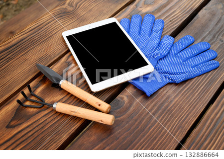 blue gloves, tablet, and gardening tools are lying on a wooden table blue gloves, tablet, and gardening tools are lying on a wooden table 132886664