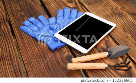 blue gloves, tablet, trowel, and weeder are lying on a wooden table blue gloves, tablet, trowel, and weeder are lying on a wooden table 132886665